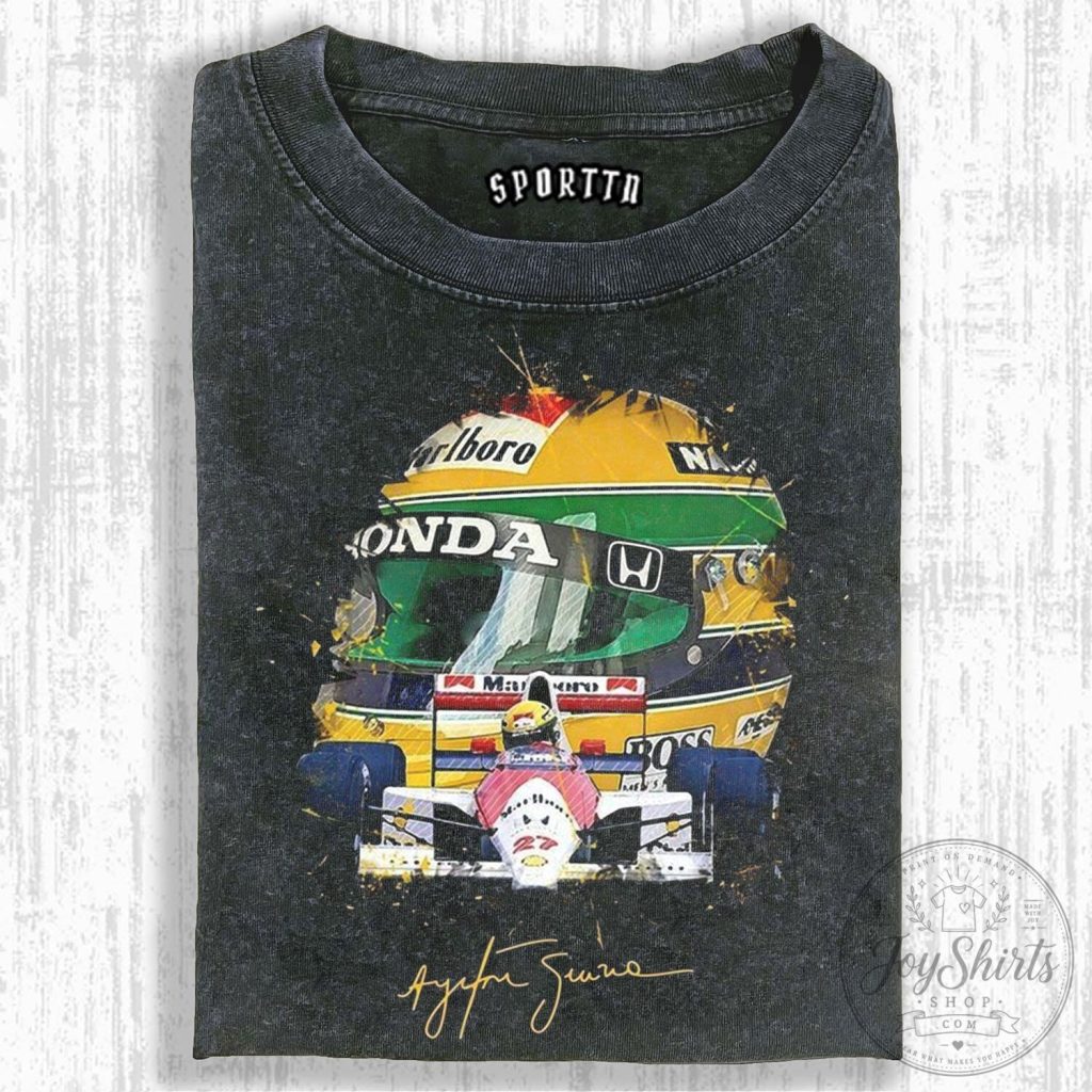 Ayrton Senna Formula One Racing Helmet and Car Vintage Washed T-Shirt
