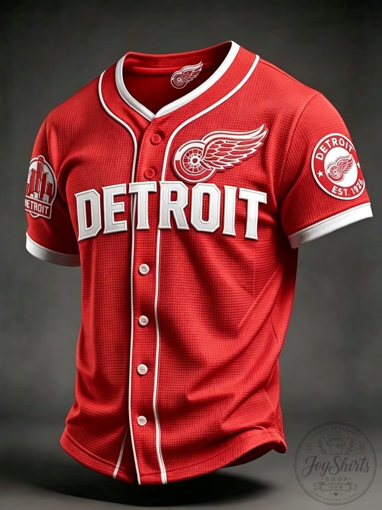 Detroit Red Wings Baseball Jersey for Men, Red and White Button Down