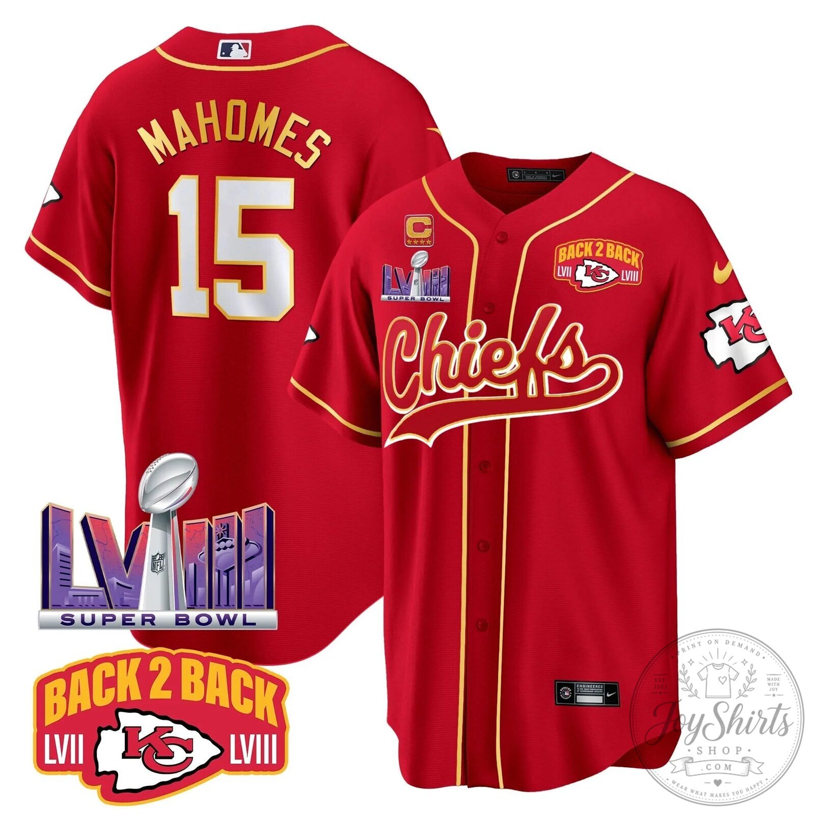 Kansas City Chiefs Super Bowl LVIII Back to Back Champions Baseball Jersey