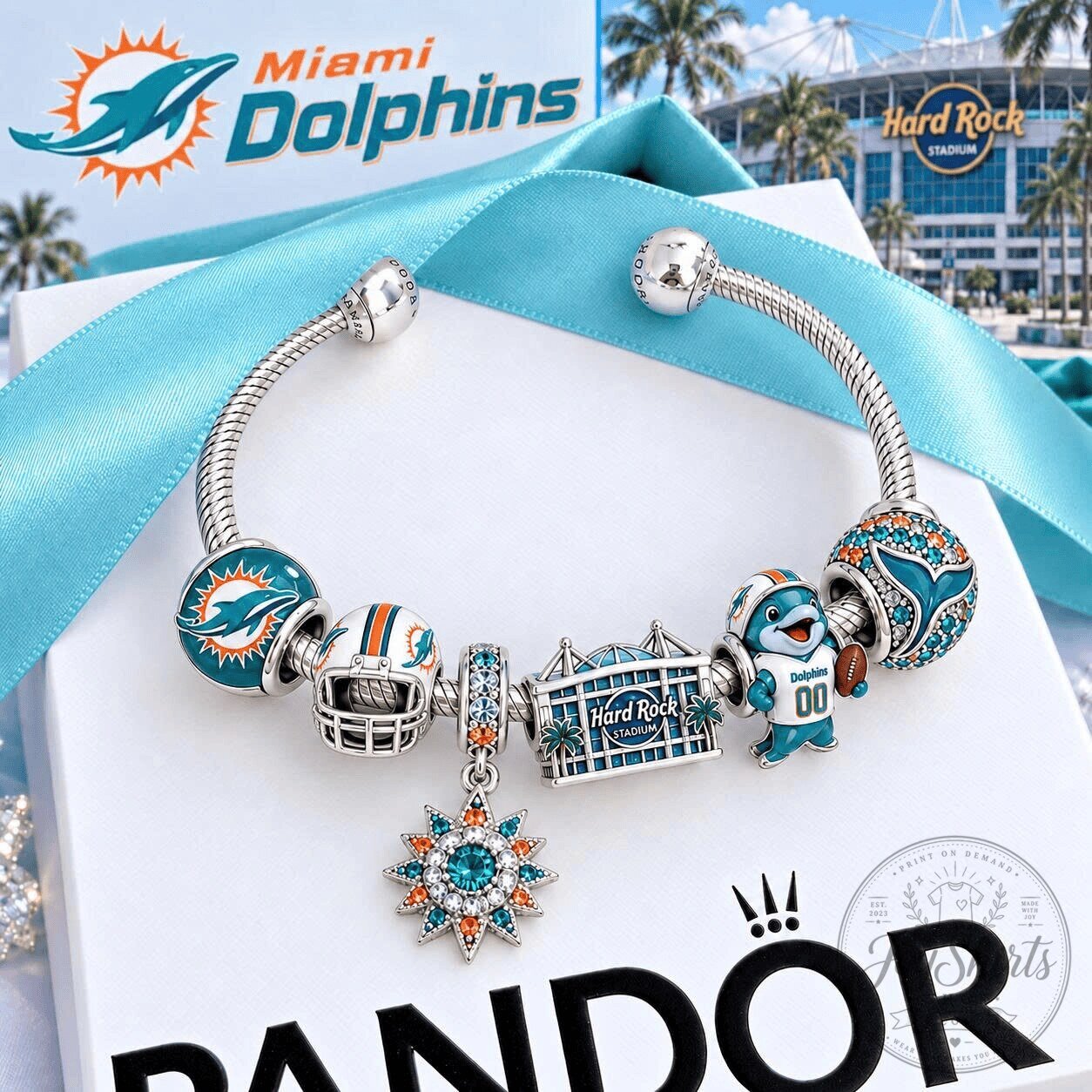 Miami Dolphins Football Team Silver Charm Bracelet Set