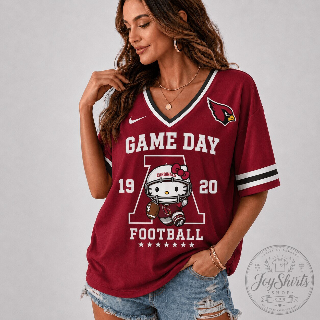 Arizona Cardinals Hello Kitty Football Game Day V-Neck Jersey