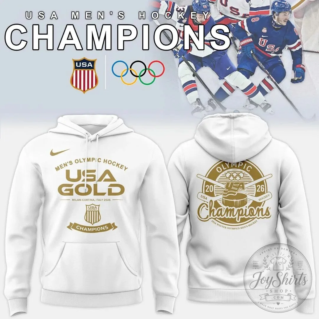 USA Men's Olympic Hockey 2026 Gold Champions White Hoodie 1 USA Men's Olympic Hockey 2026 Gold Champions White Hoodie