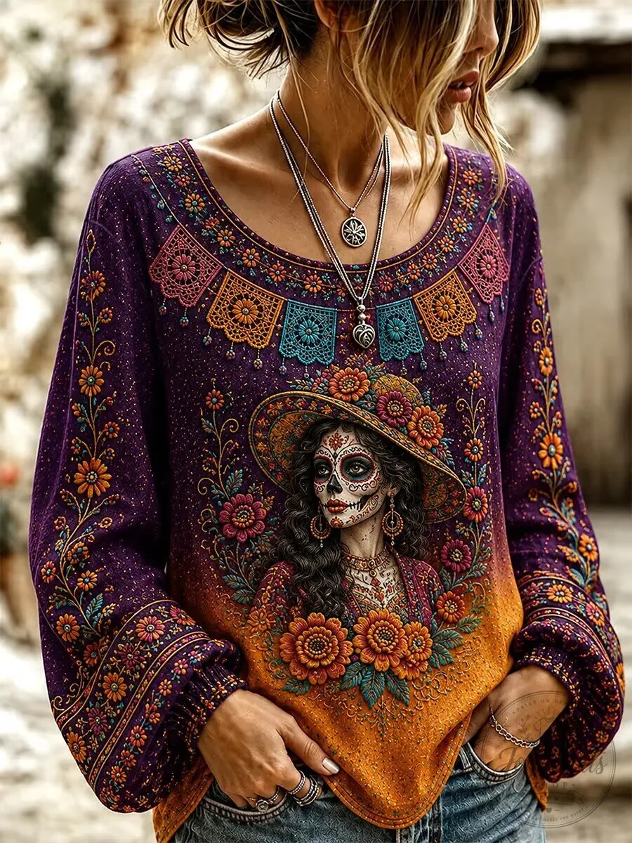 Floral Print Long-Sleeve Shirt with Sugar Skull Design for Women - Day of the Dead