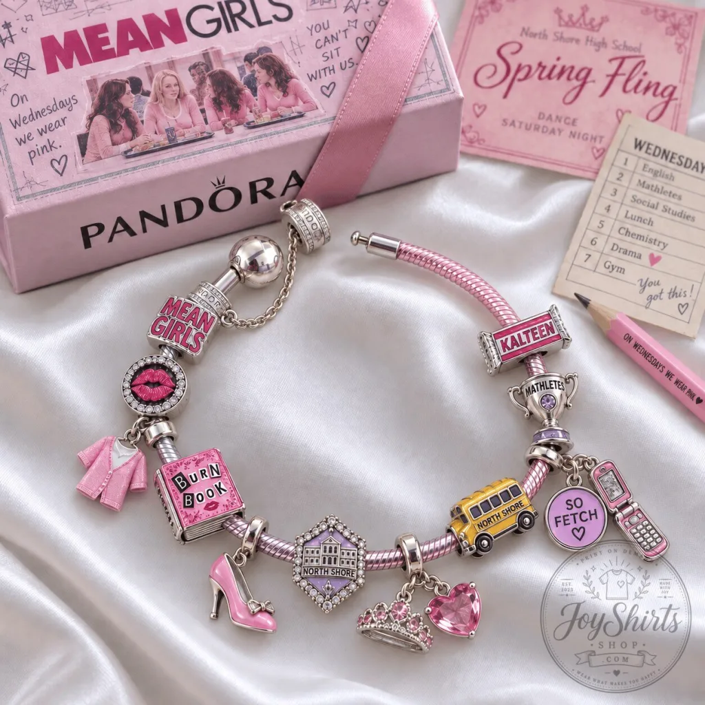 Mean Girls Movie Charm Bracelet Set with Pink Enamel and Silver Charms 9 Mean Girls Movie Charm Bracelet Set with Pink Enamel and Silver Charms