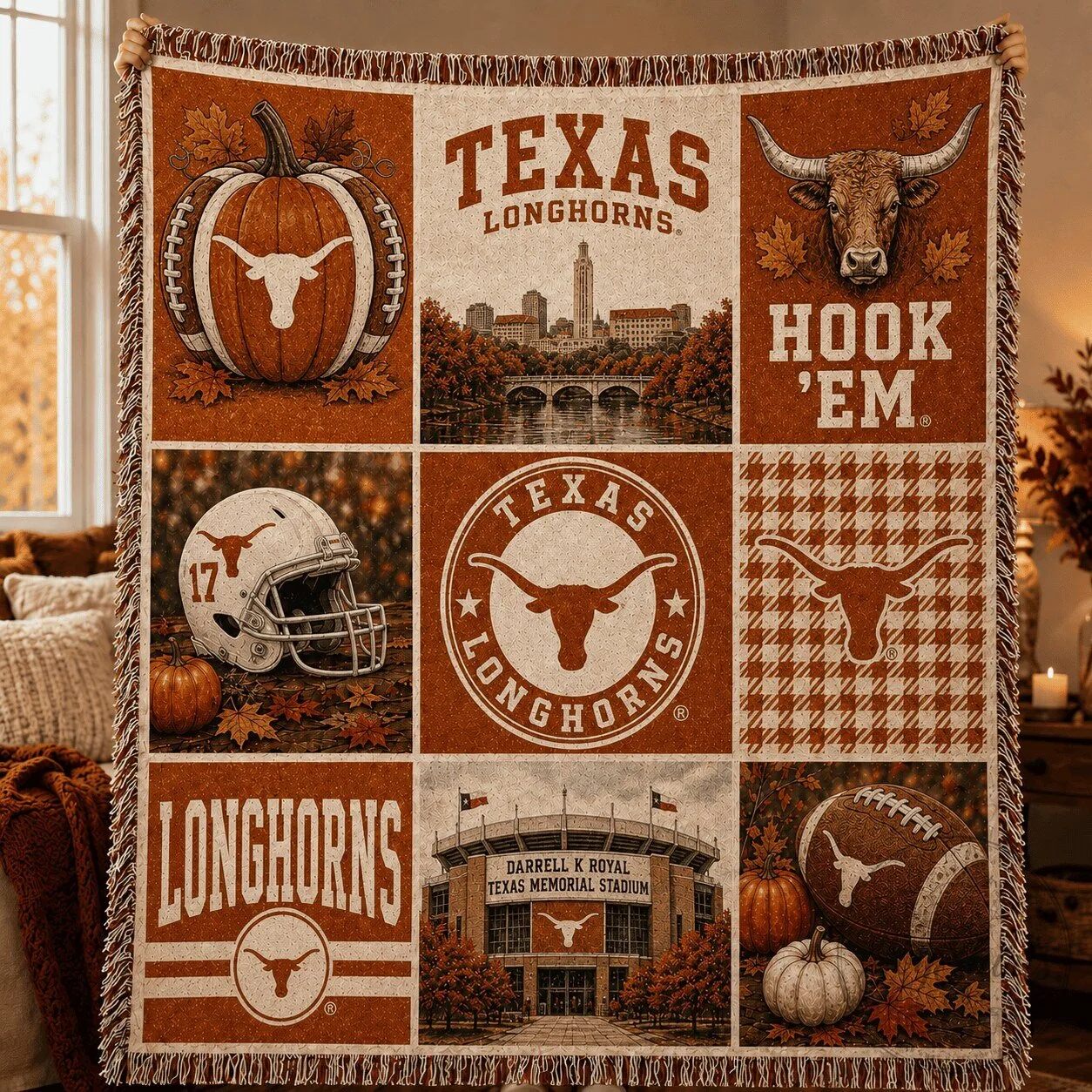Texas Longhorns Football Fall Harvest Theme Woven Blanket 1 Texas Longhorns Football Fall Harvest Theme Woven Blanket