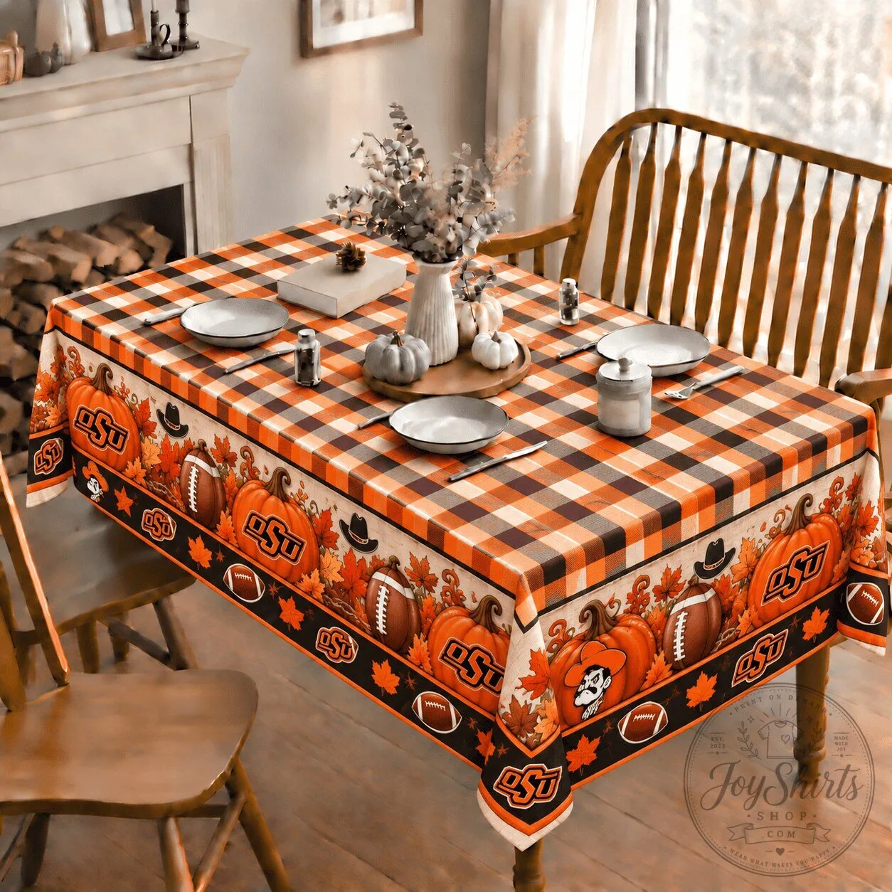 Oklahoma State Cowboys Fall Pumpkins Plaid Tablecloth