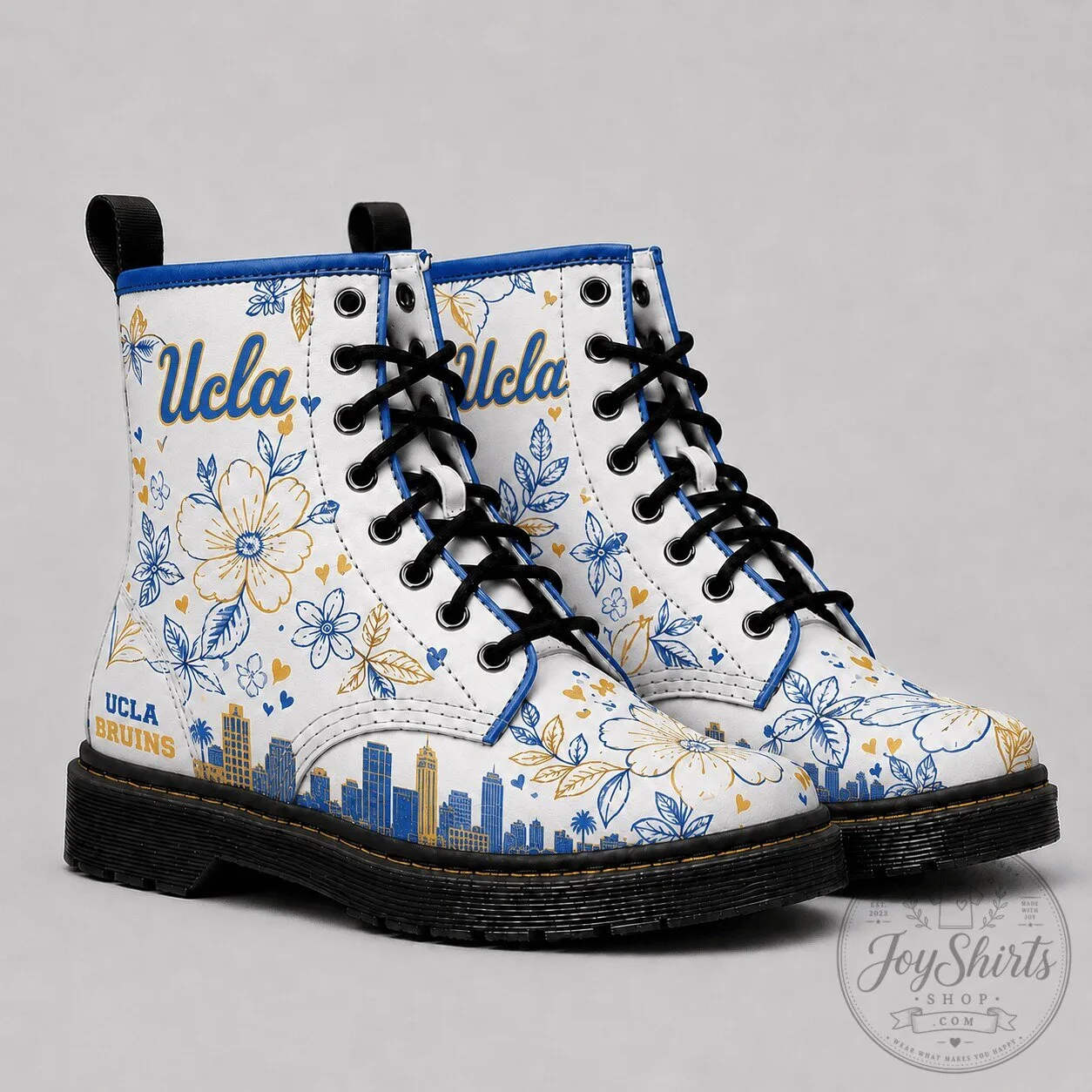 White Combat Boots with UCLA Bruins Floral Design