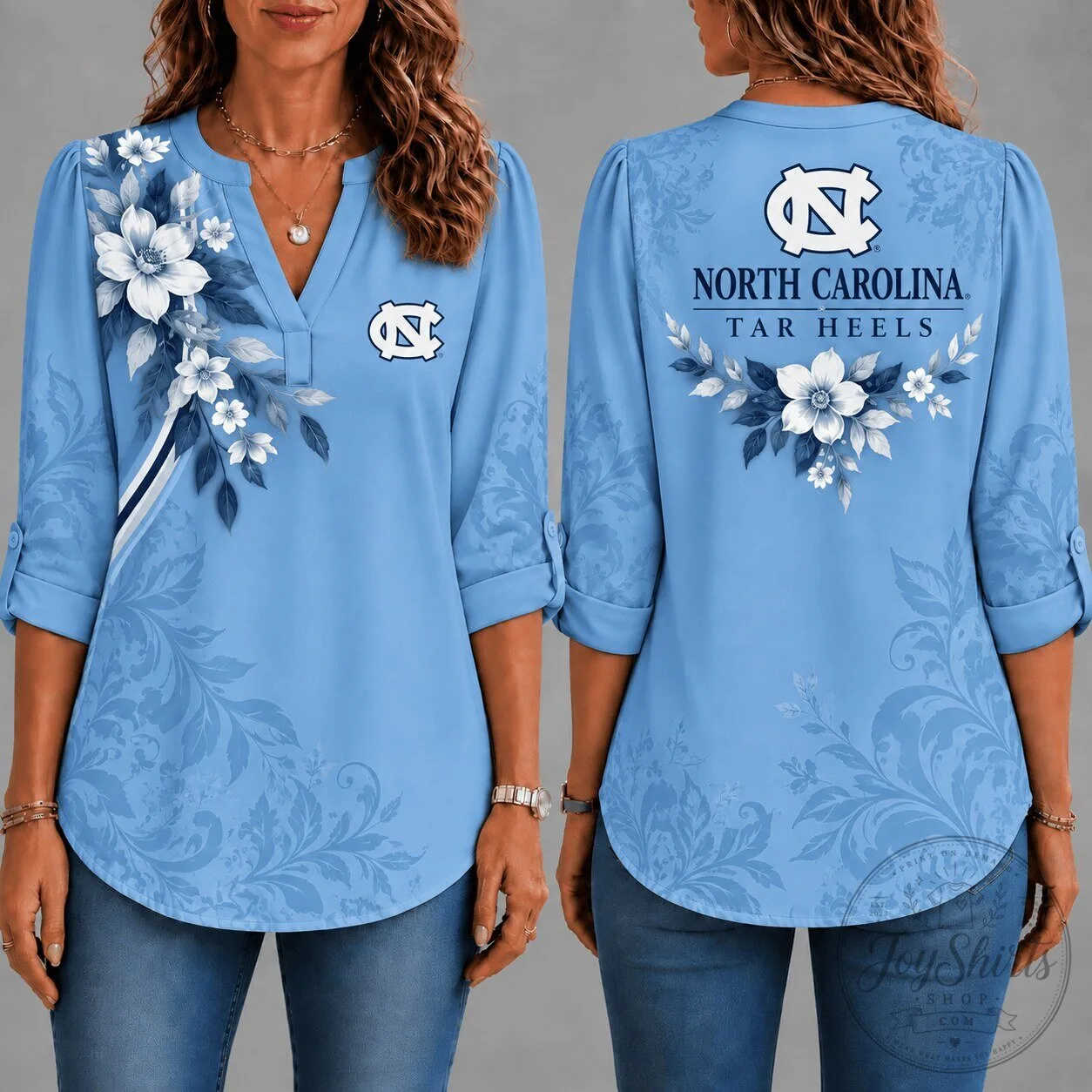 North Carolina Tar Heels Floral Luxe Long Sleeve Blouse for Women