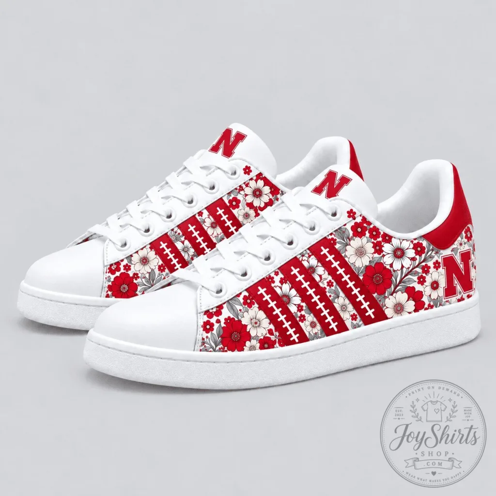 Nebraska Cornhuskers Floral Pattern White and Red Custom Sneakers Nebraska Cornhuskers Floral Pattern White and Red Custom Sneakers