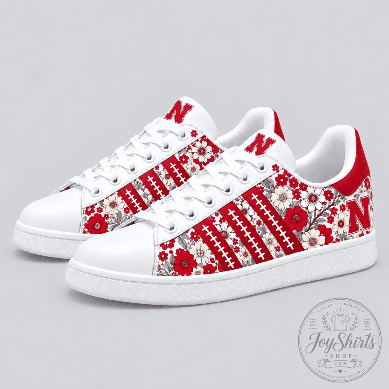 Nebraska Cornhuskers Floral Pattern White and Red Custom Sneakers