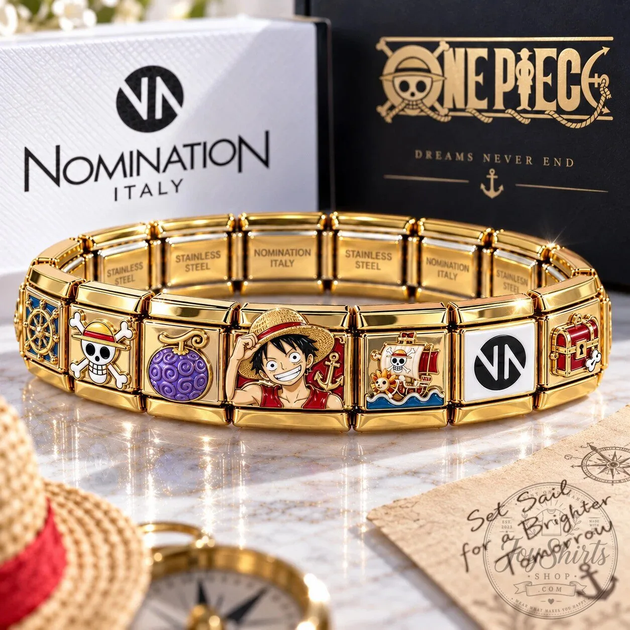 One Piece Anime Gold Plated Italian Charm Bracelet Stainless Steel