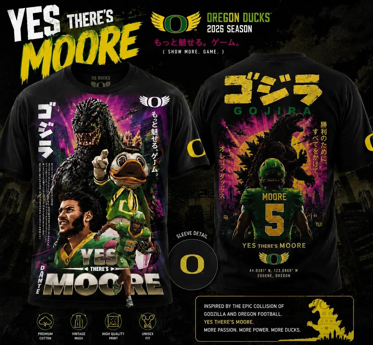 Oregon Ducks Godzilla Yes There's Moore Football Graphic T-Shirt