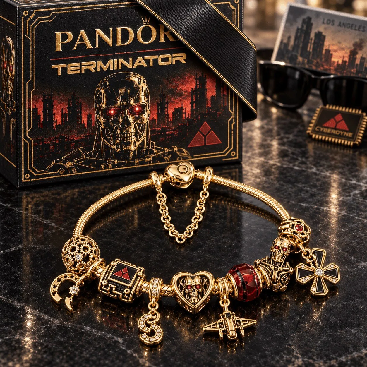 Terminator Pandora Gold Charm Bracelet Set with Skull and Cyberdyne Charms