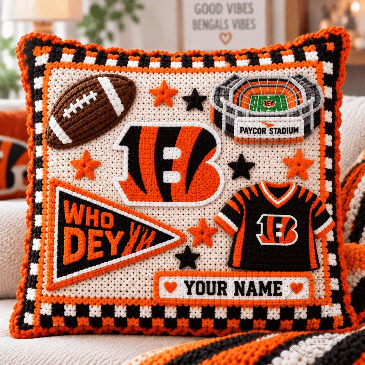Cincinnati Bengals Football Team Logo Custom Name Crochet Pillow