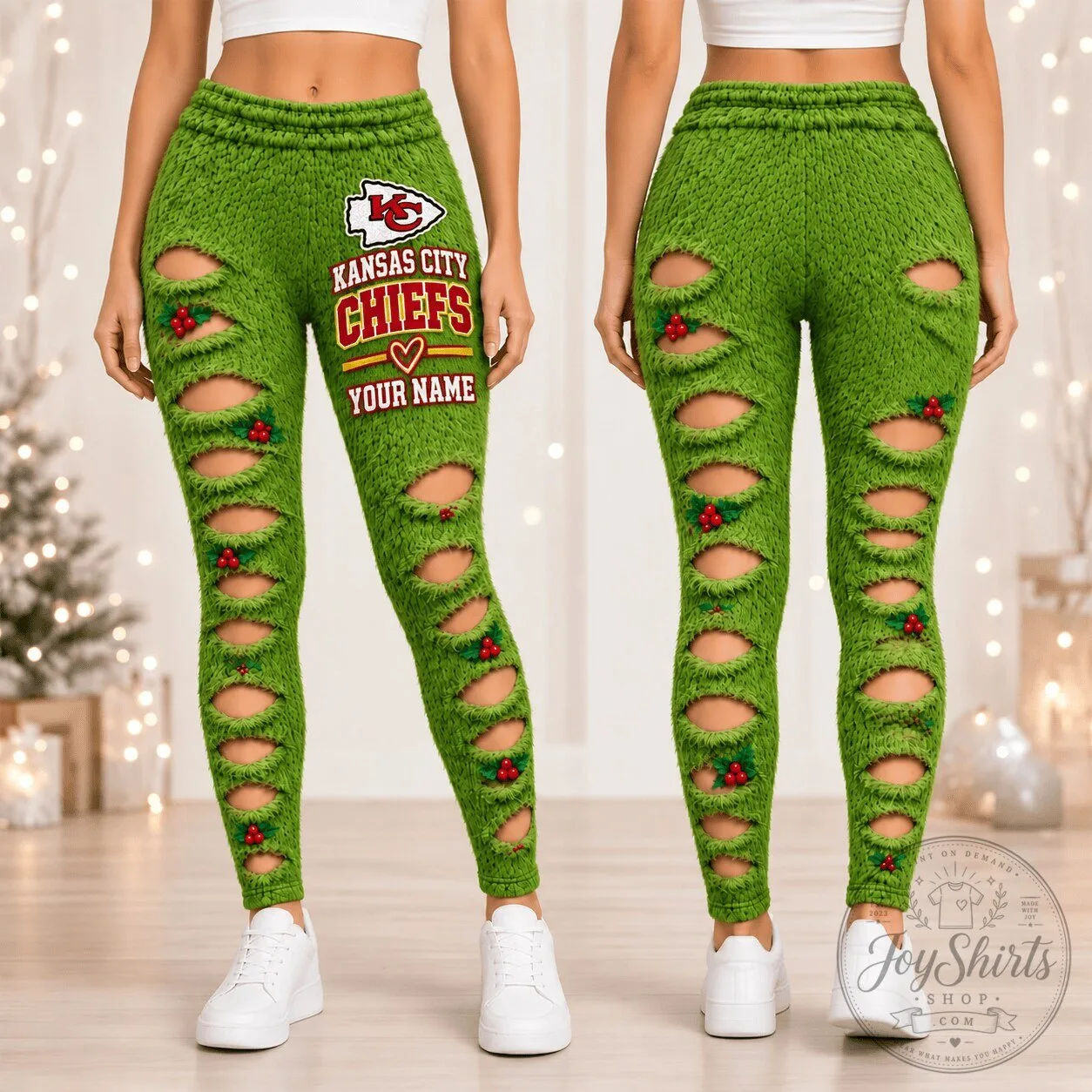 Kansas City Chiefs Christmas Grinch Style Ripped Custom Name Leggings