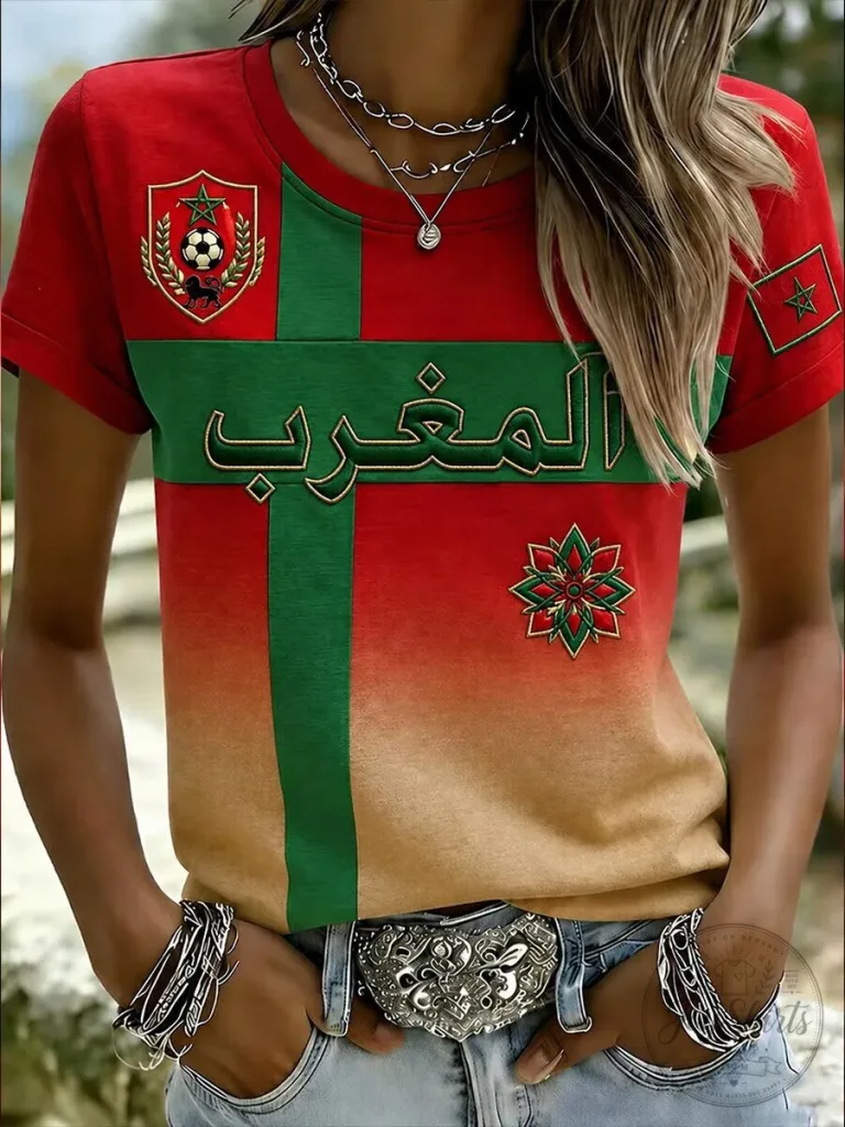 Moroccan Football Fan Tee for Women, Retro Style Soccer Team T-Shirt