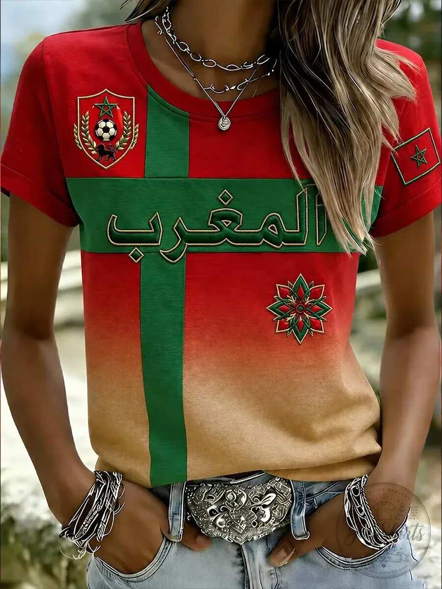 Moroccan Football Fan Tee for Women, Retro Style Soccer Team T-Shirt