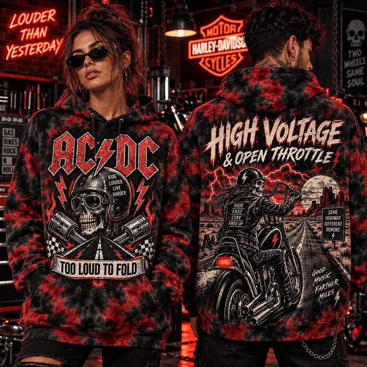 ACDC High Voltage Open Throttle Rock and Roll Biker Skull Hoodie