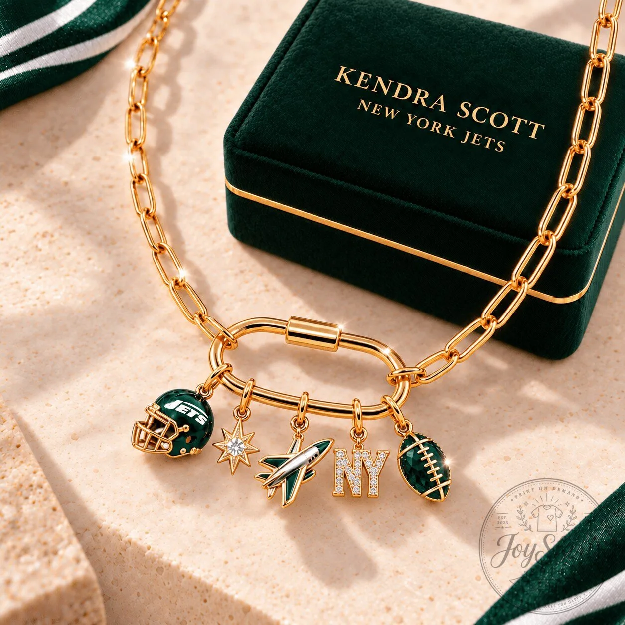 New York Jets Gold Chain Necklace with Football and Helmet Charms