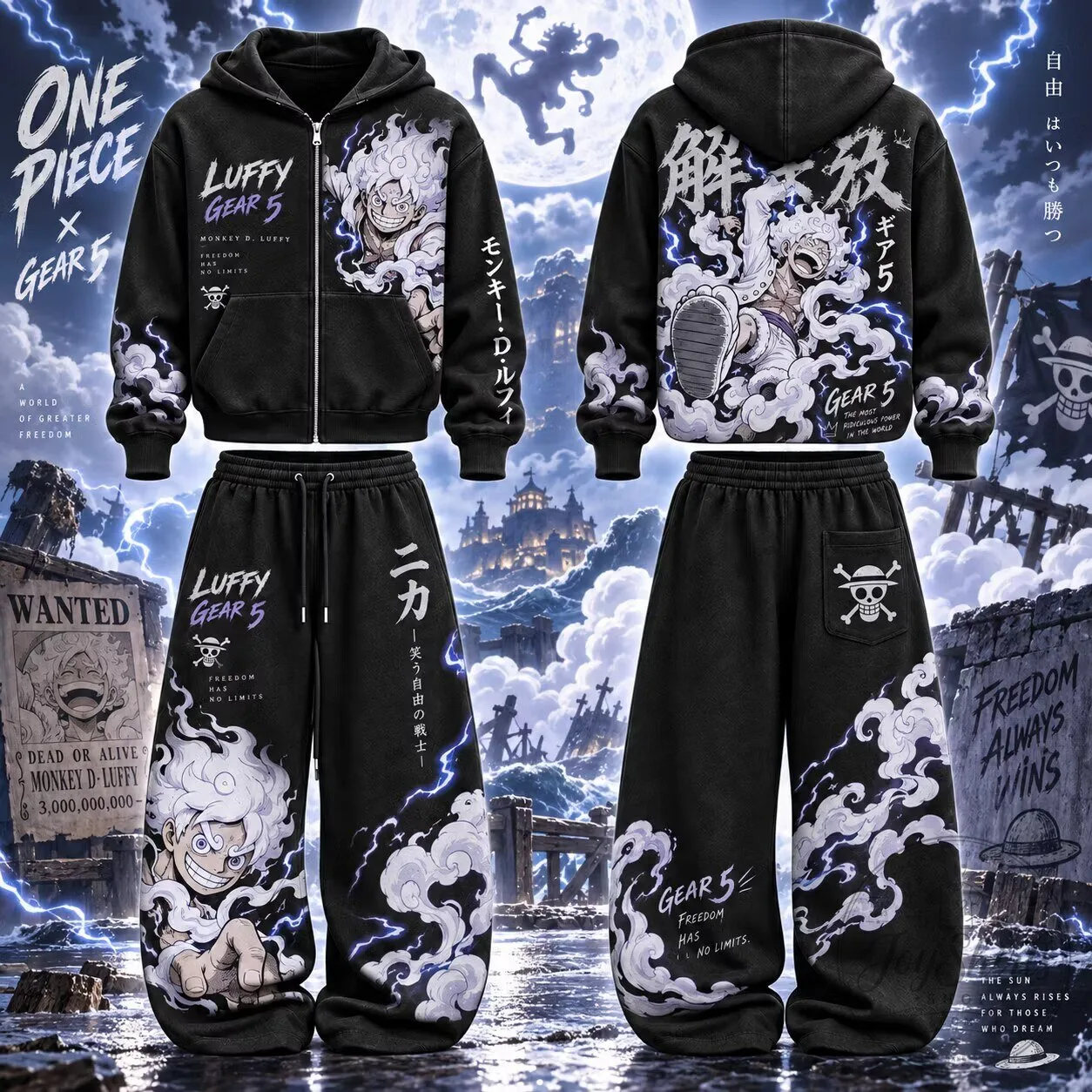 One Piece Monkey D Luffy Gear 5 Anime Character Hoodie and Pants Set