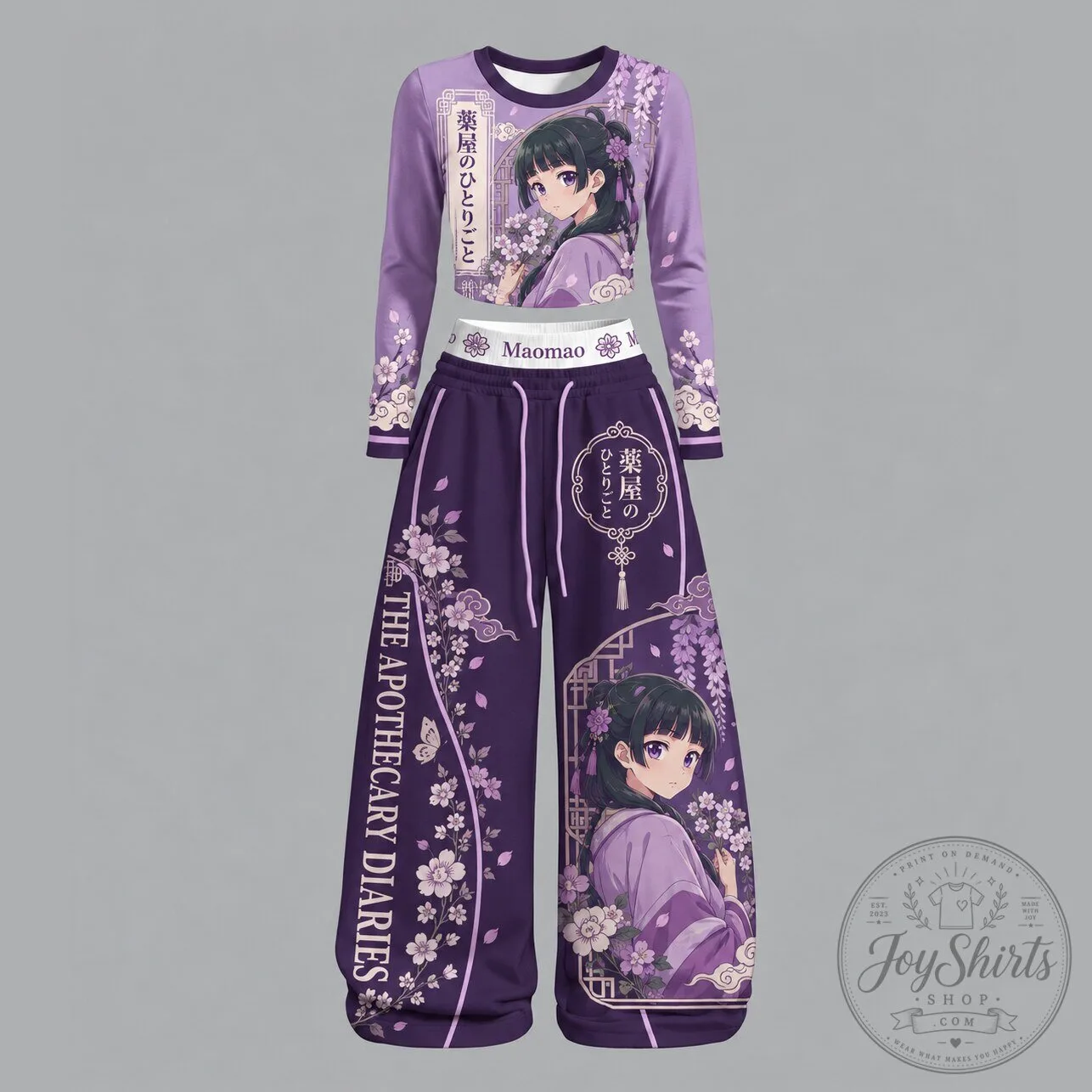 The Apothecary Diaries Maomao Anime Purple Floral Long Sleeve Crop Top and Pants Set