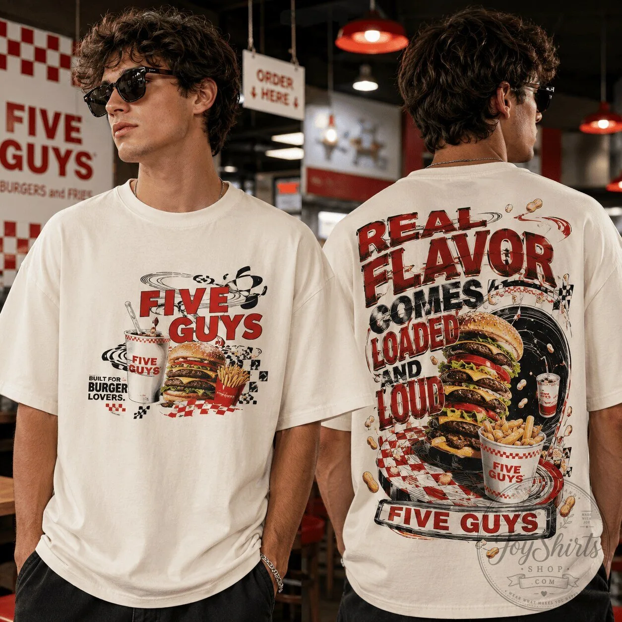 Five Guys Real Flavor Comes Loaded and Loud Graphic T-Shirt