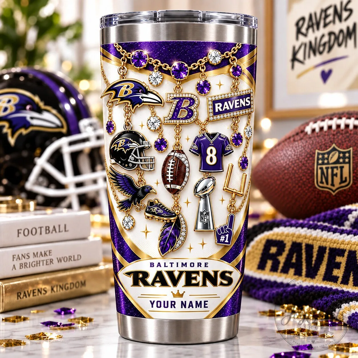 Baltimore Ravens Football Team Sparkle Personalized Stainless Steel Tumbler