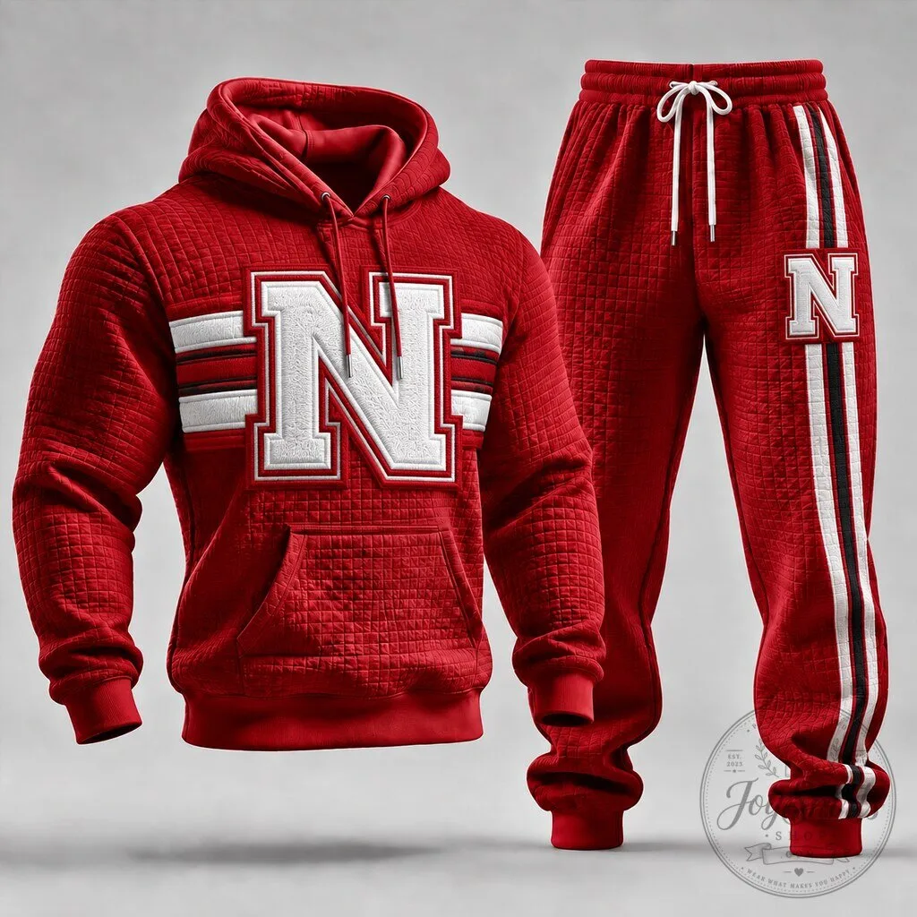 Nebraska Cornhuskers Football Team Red Quilted Hoodie and Sweatpants Set
