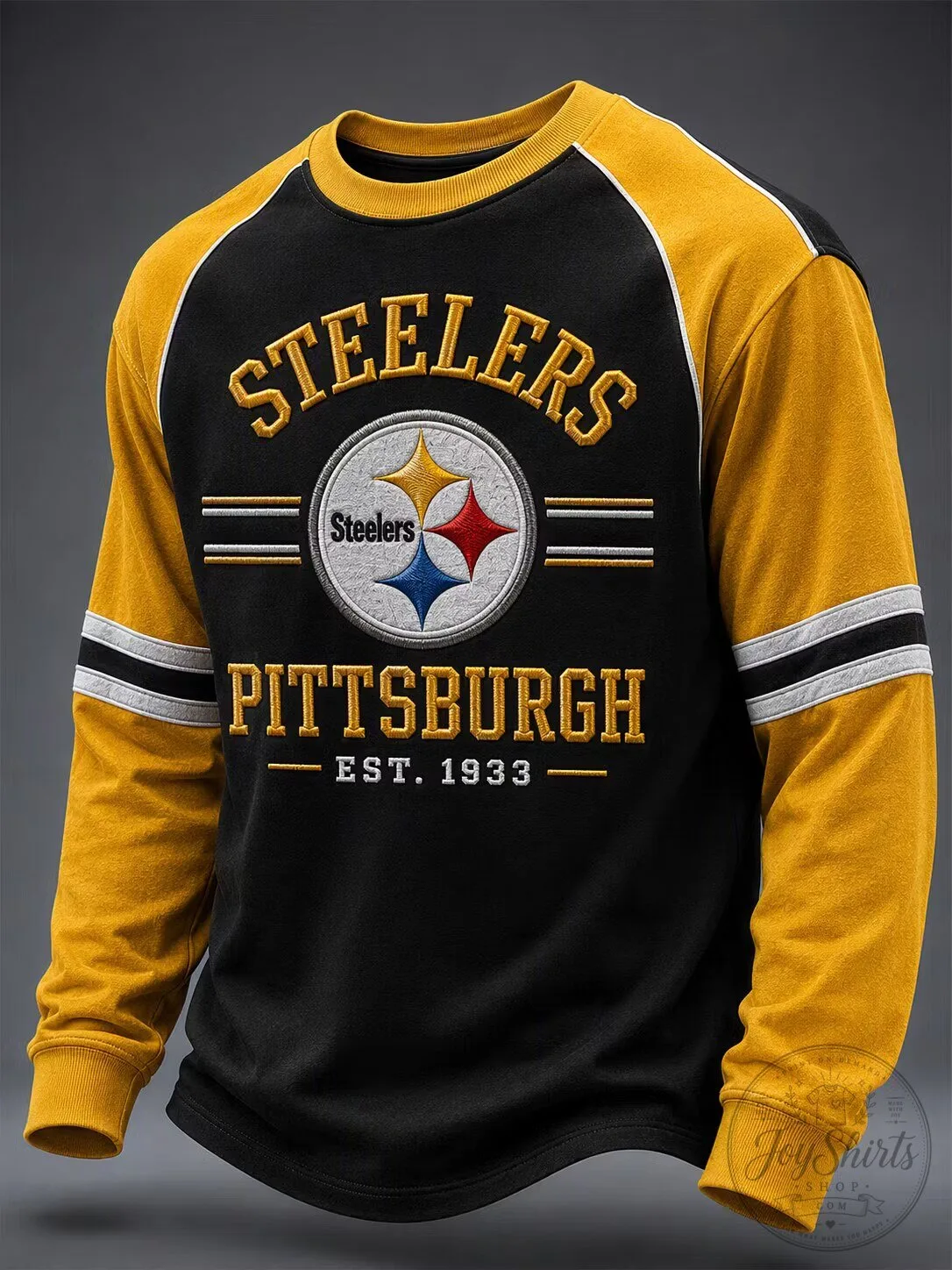 Pittsburgh Steelers Football Team Gold and Black Raglan Sleeve Sweatshirt
