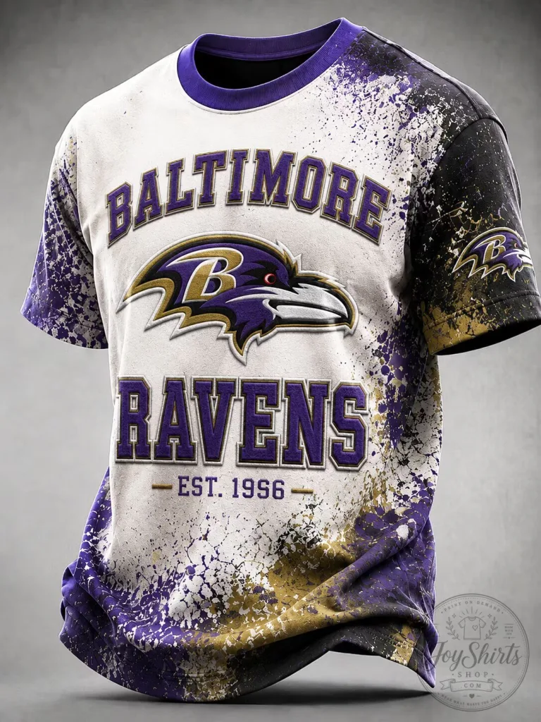Baltimore Ravens Football Team Logo White Splatter Print T-Shirt 4 Baltimore Ravens Football Team Logo White Splatter Print T-Shirt