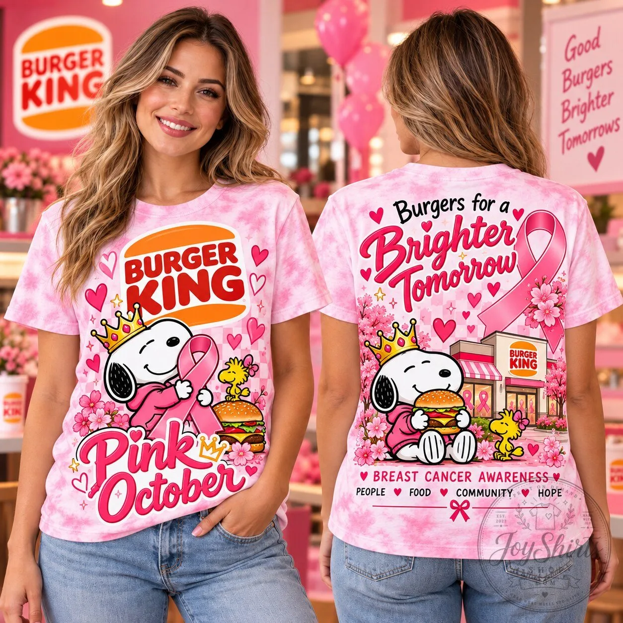 Burger King Snoopy Pink October Breast Cancer Awareness T-Shirt