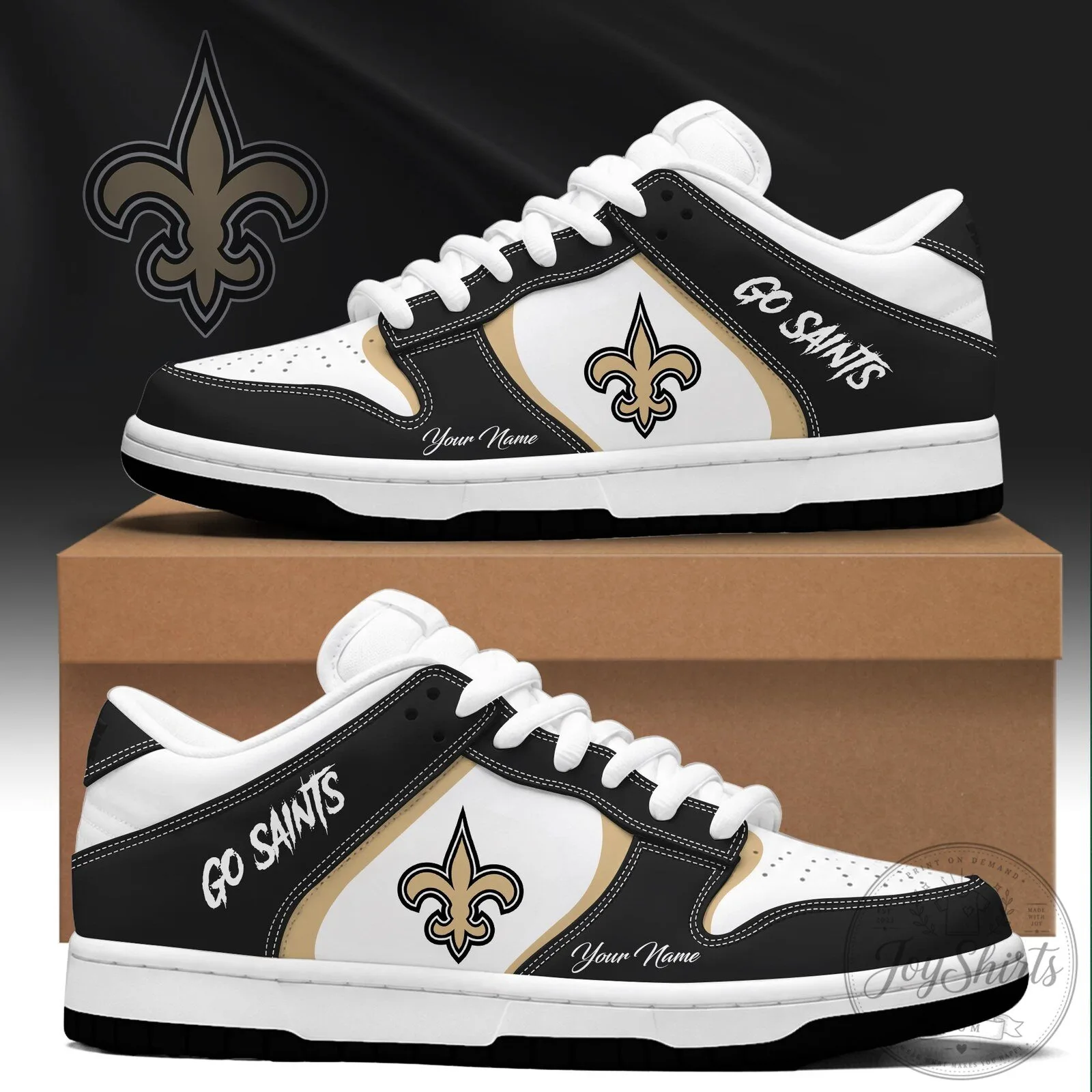 New Orleans Saints Custom Name Black and Gold Team Logo Fan Shoes