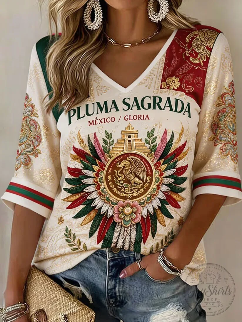 Mexico Soccer Pluma Sagrada V-Neck T-Shirt for Women