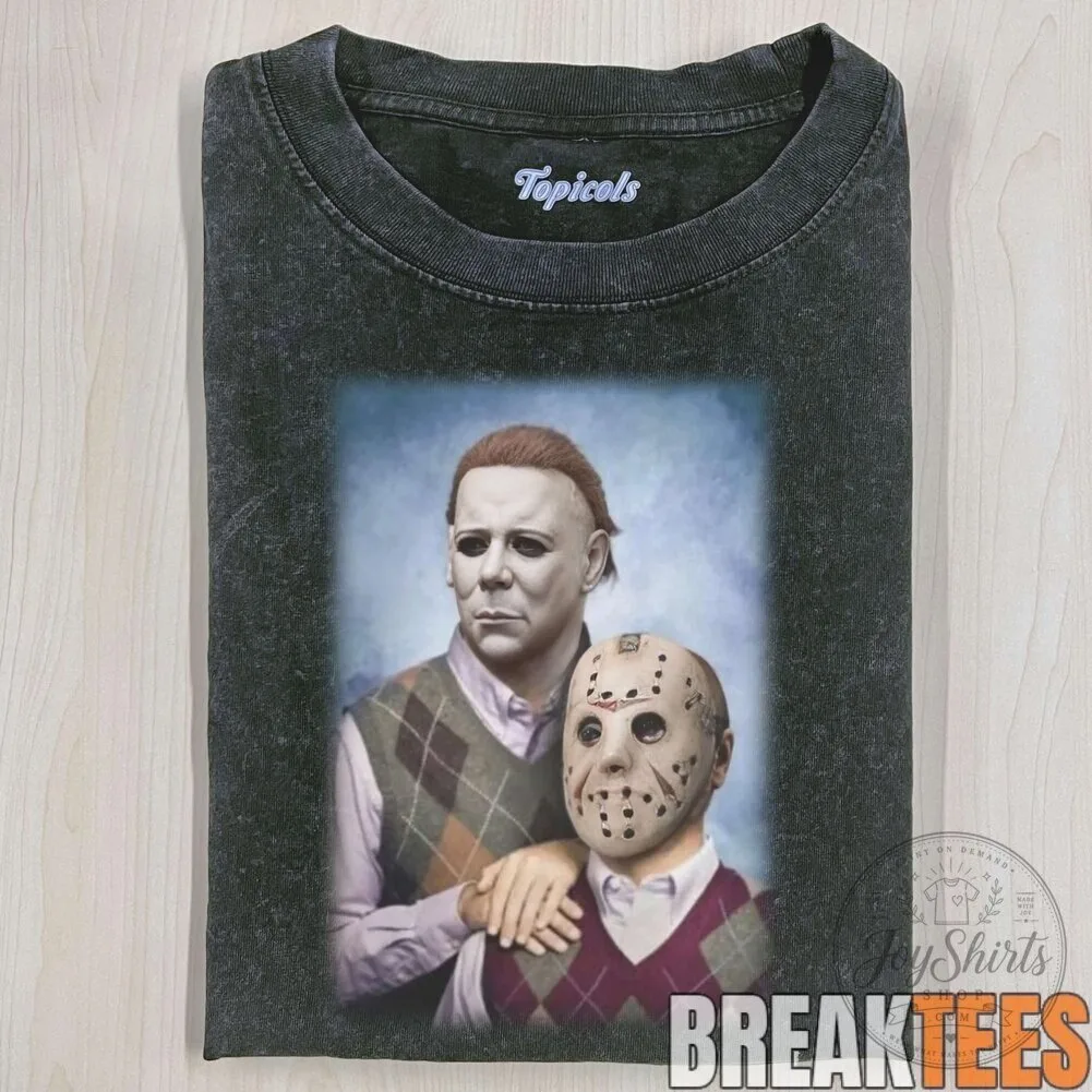Michael Myers and Jason Voorhees Vintage Funny Halloween Horror Movie T-Shirt