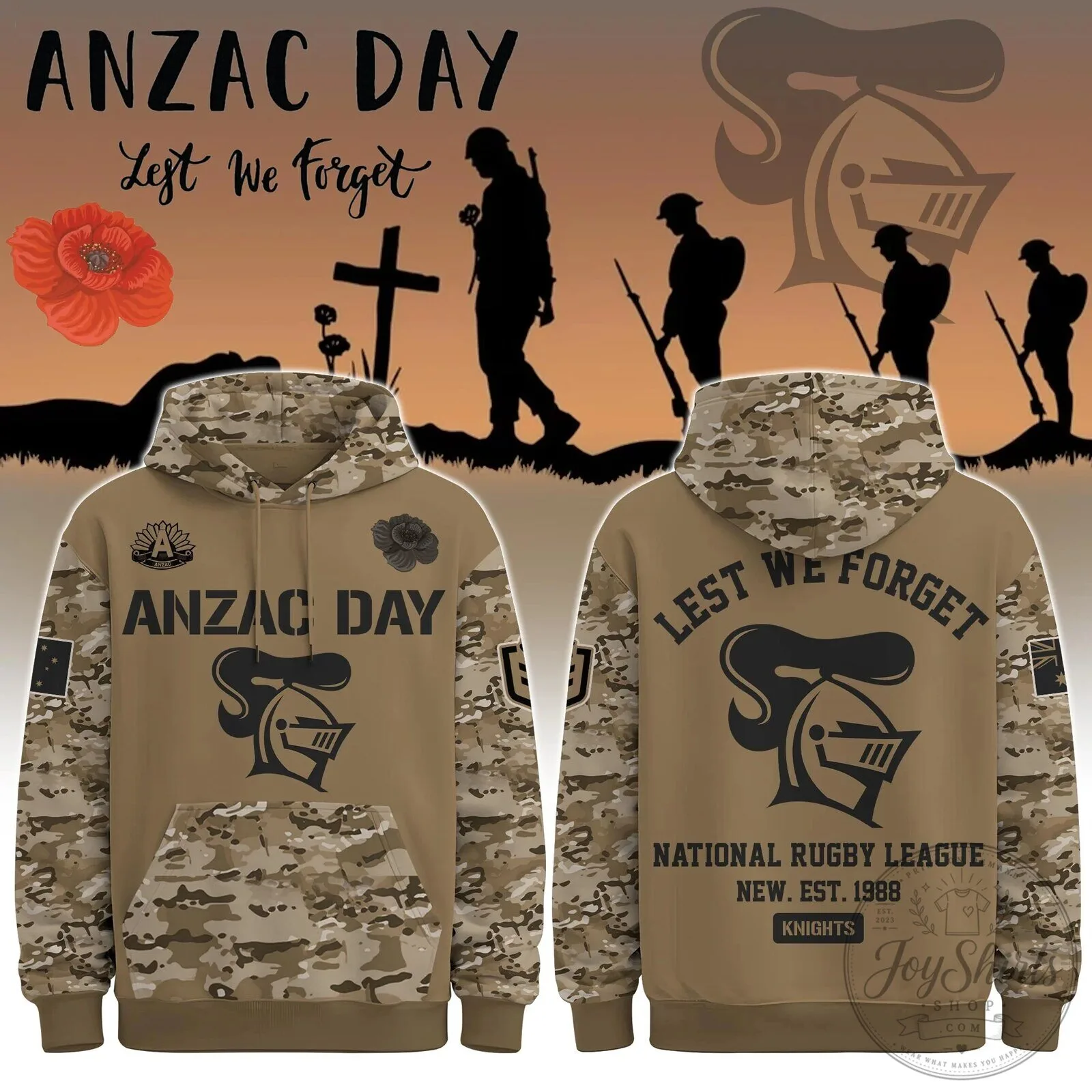 Newcastle Knights National Rugby League Anzac Day Lest We Forget Hoodie