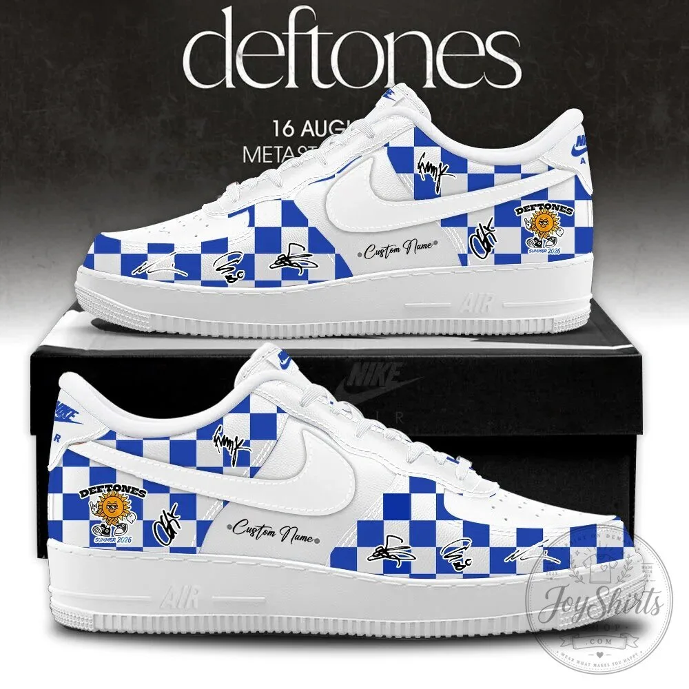 Deftones Band White and Blue Checkered Pattern Custom Name Shoes