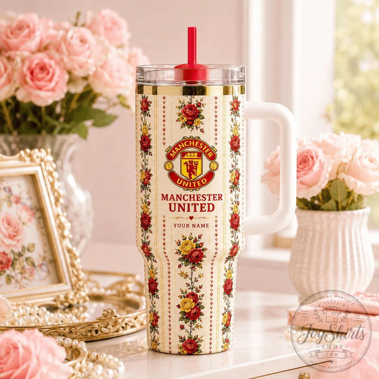 Manchester United Football Club Floral Pattern Insulated Travel Tumbler with Handle