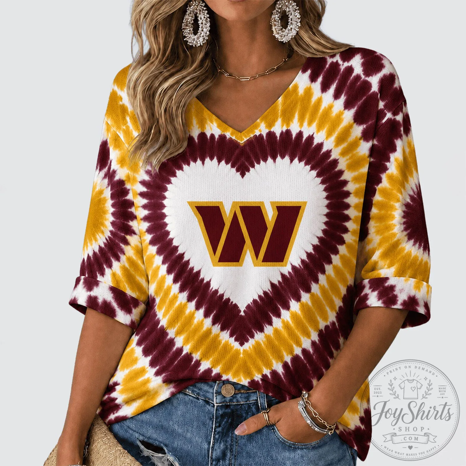 Washington Commanders Heart Tie Dye V-Neck Long Sleeve Shirt