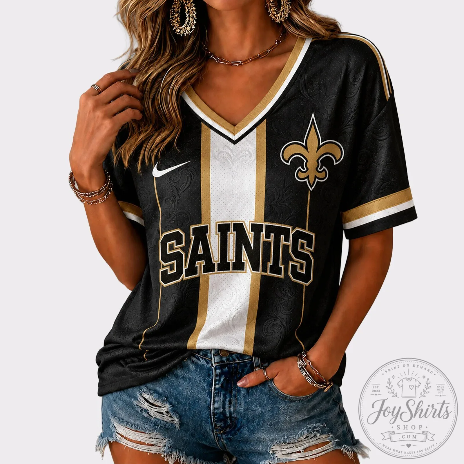 New Orleans Saints Black Gold White Stripe V-Neck Football Jersey