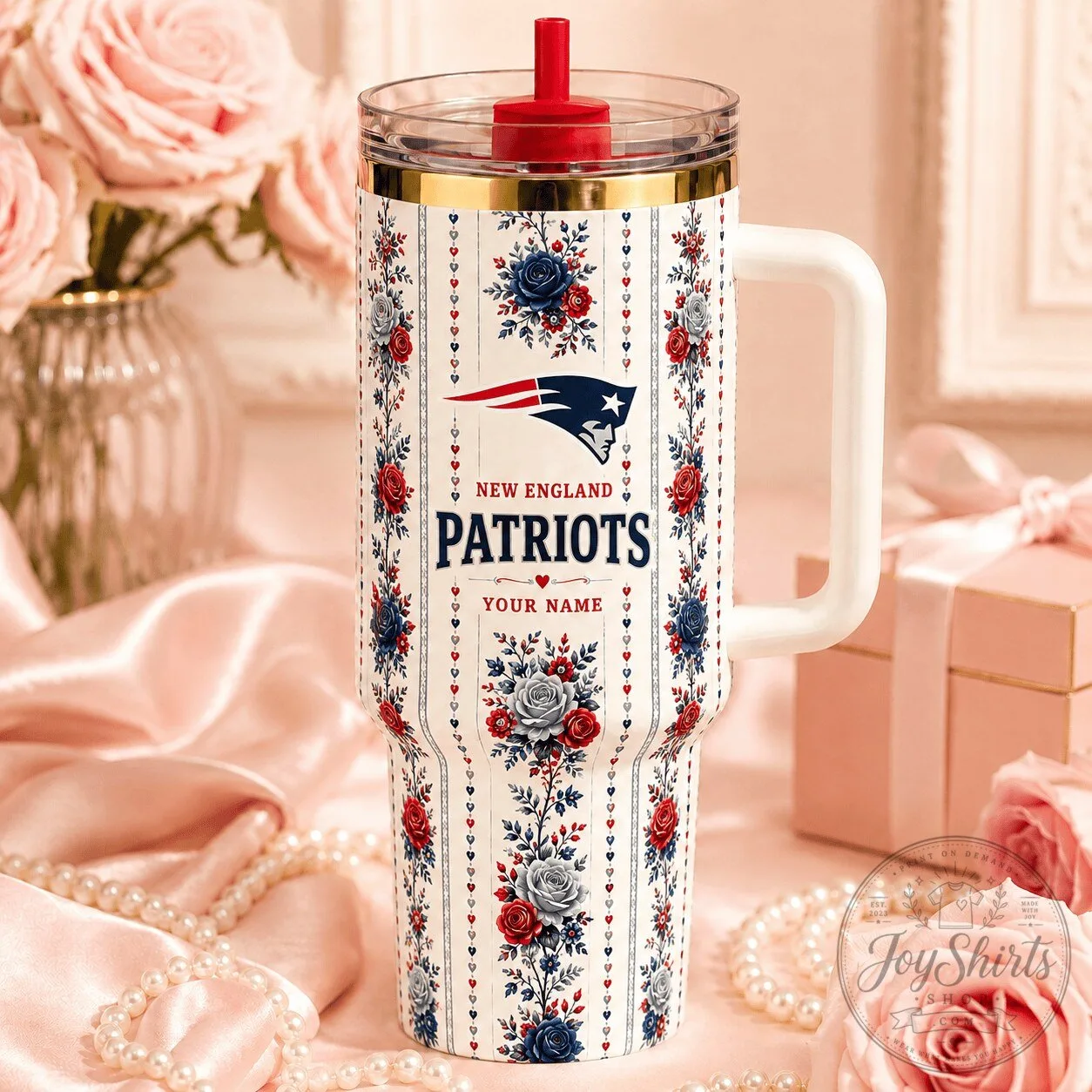 New England Patriots Floral Pattern NFL Football Team Insulated Tumbler