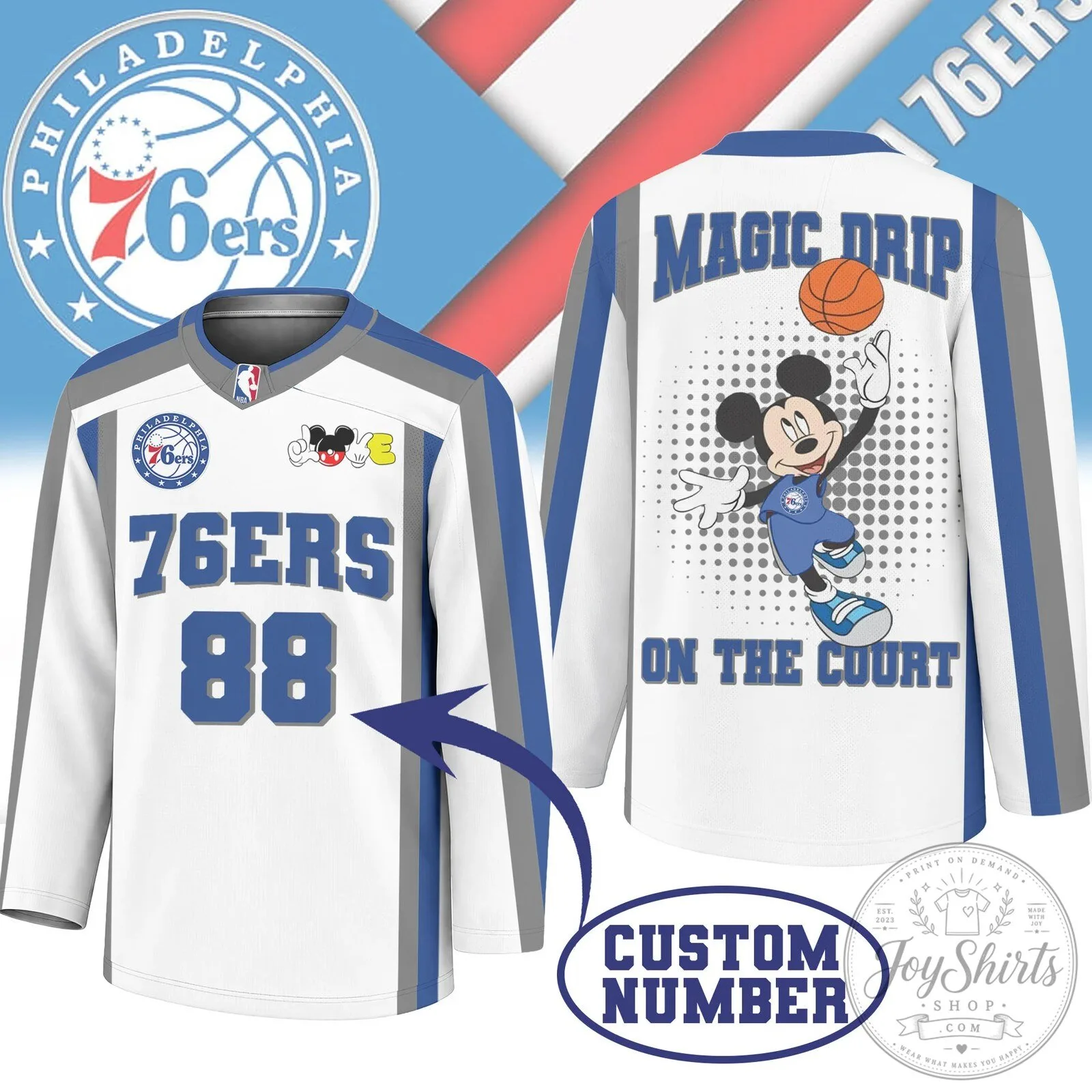 Philadelphia 76ers Mickey Mouse Magic Drip Long Sleeve Basketball Jersey
