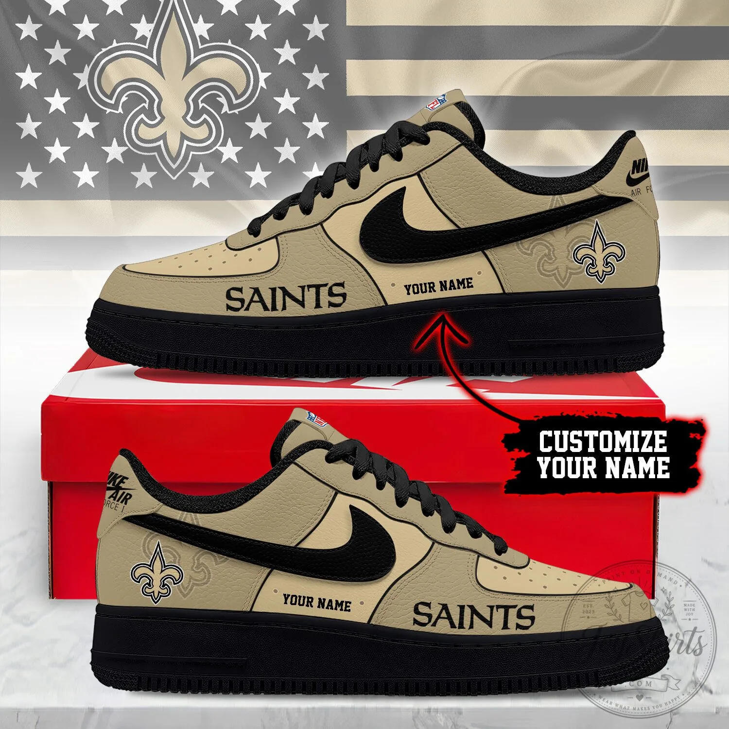 New Orleans Saints Custom Name Tan Black Design Air Force 1 Shoes