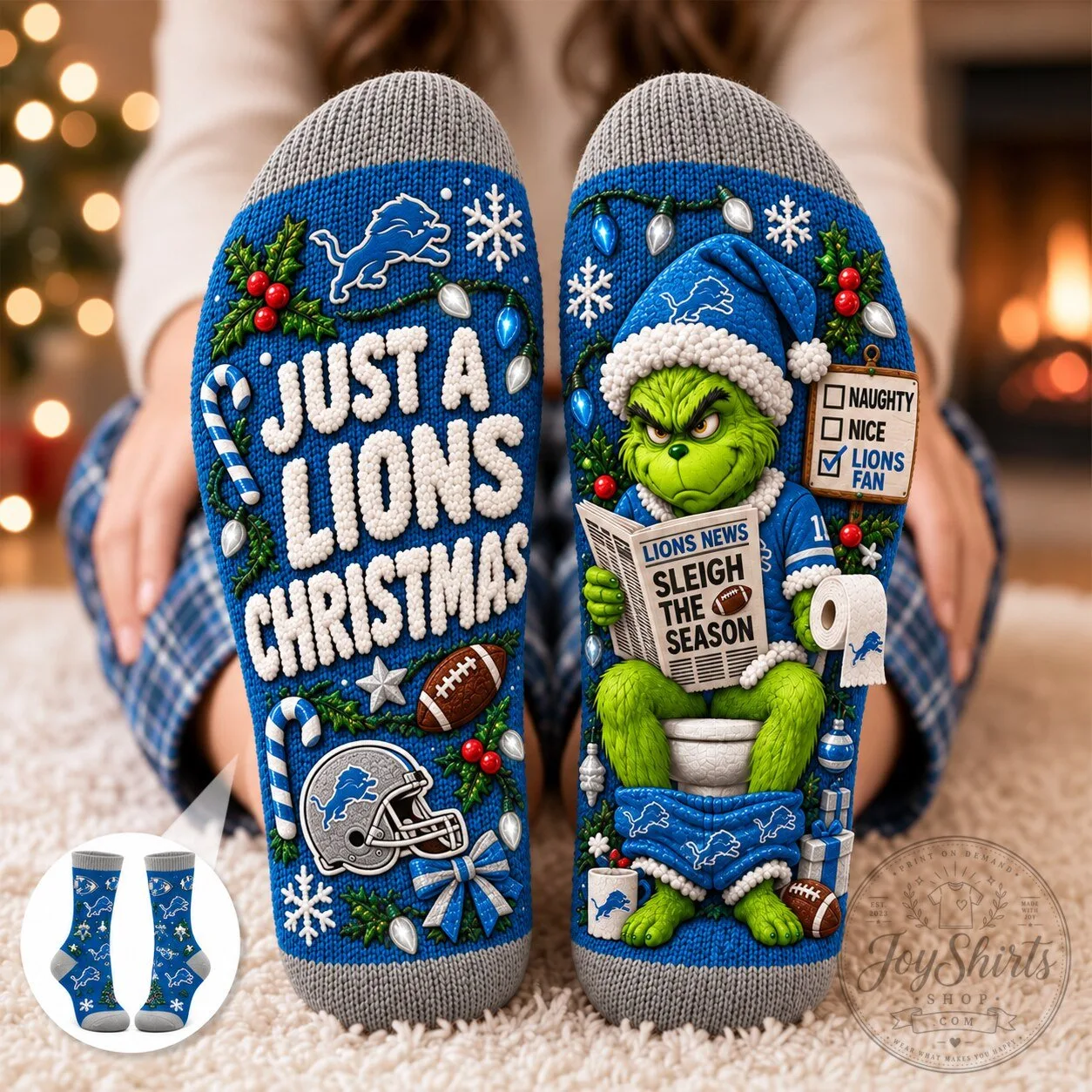 Detroit Lions Funny Grinch Just A Lions Christmas Crew Socks