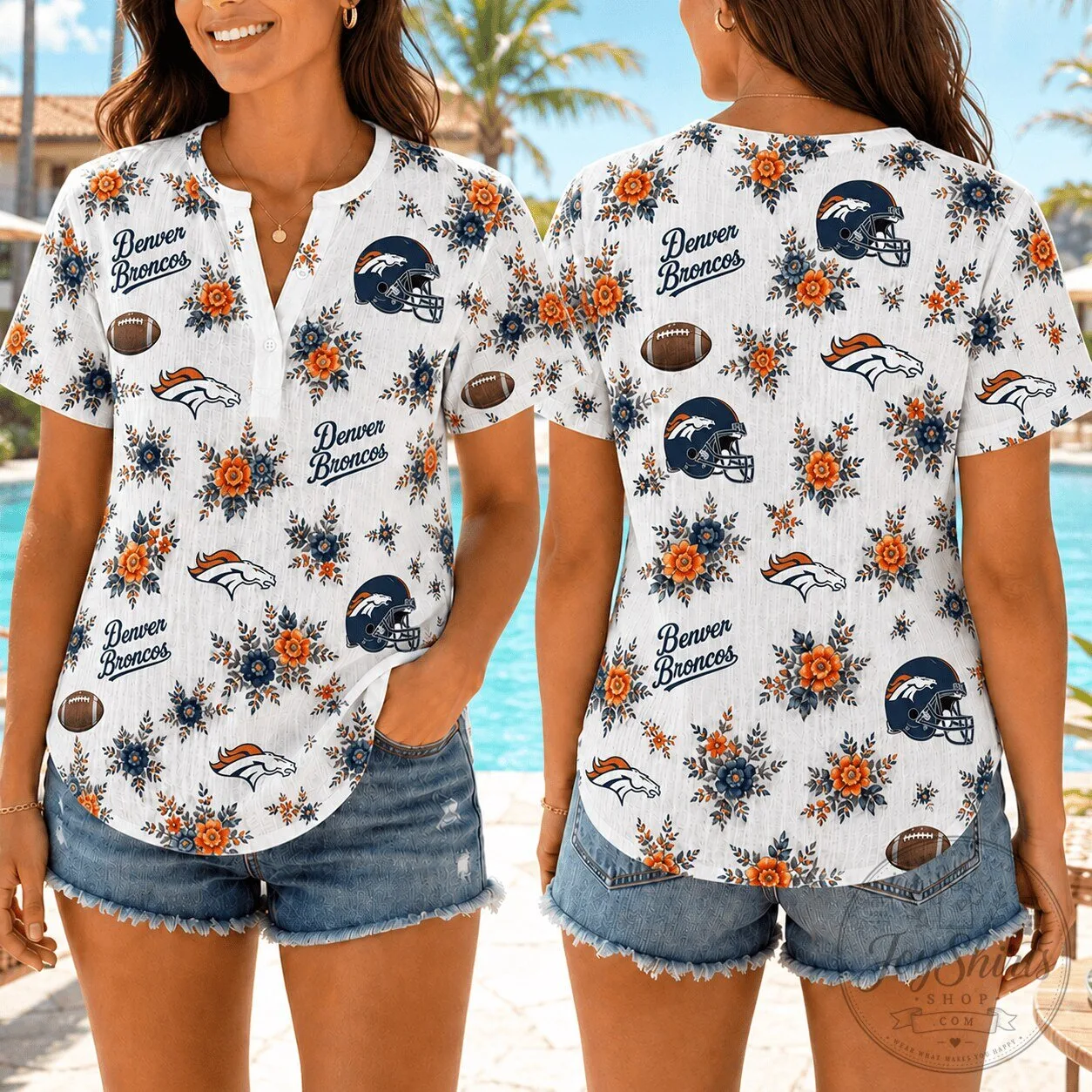 Denver Broncos NFL Football Floral Short Sleeve Women's Hawaiian Shirt