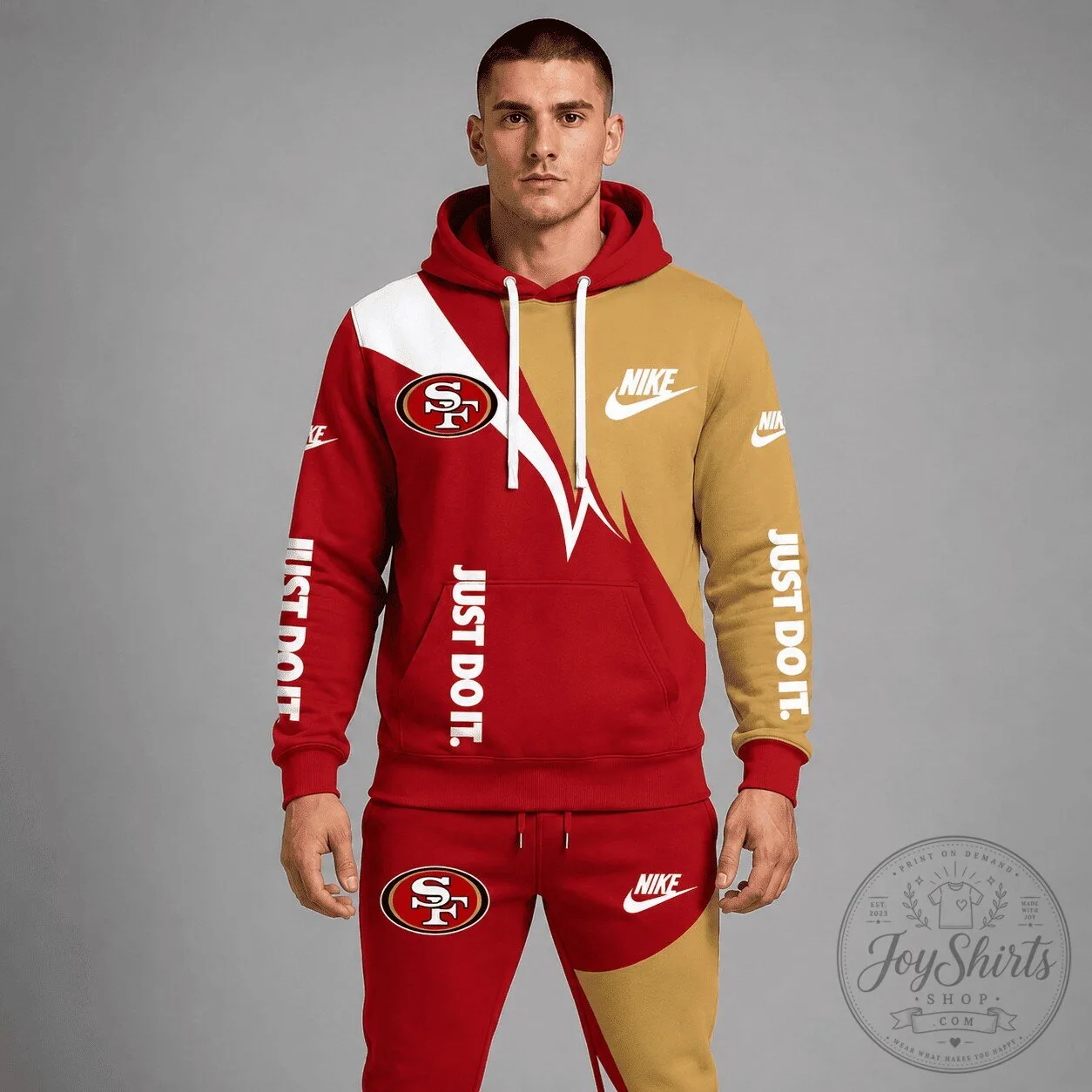 San Francisco 49ers Nike Just Do It Red Gold Hoodie Sweatshirt