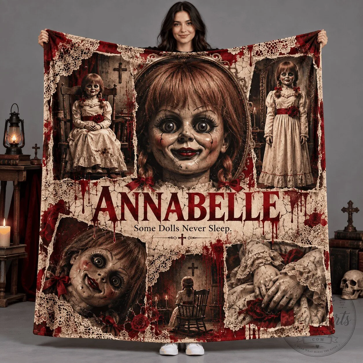 Fleece Blanket featuring Annabelle Doll Portrait with Red Lettering from Horror Movie 3 Fleece Blanket featuring Annabelle Doll Portrait with Red Lettering from Horror Movie