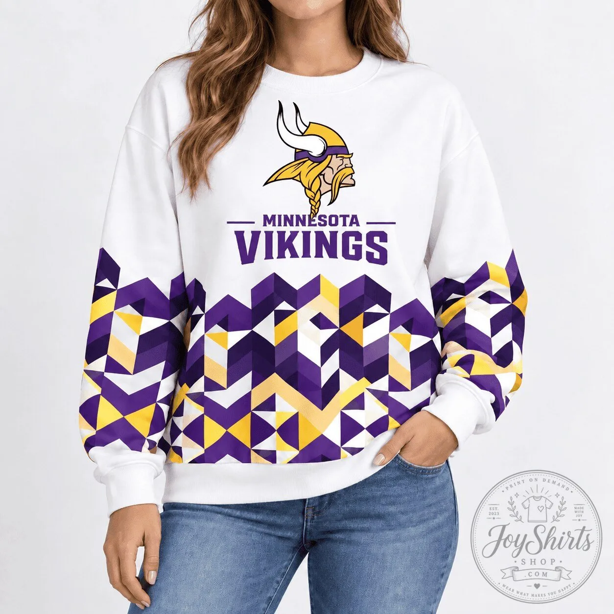 White Crewneck Sweatshirt featuring Geometric Chevron Pattern for Minnesota Vikings Fans