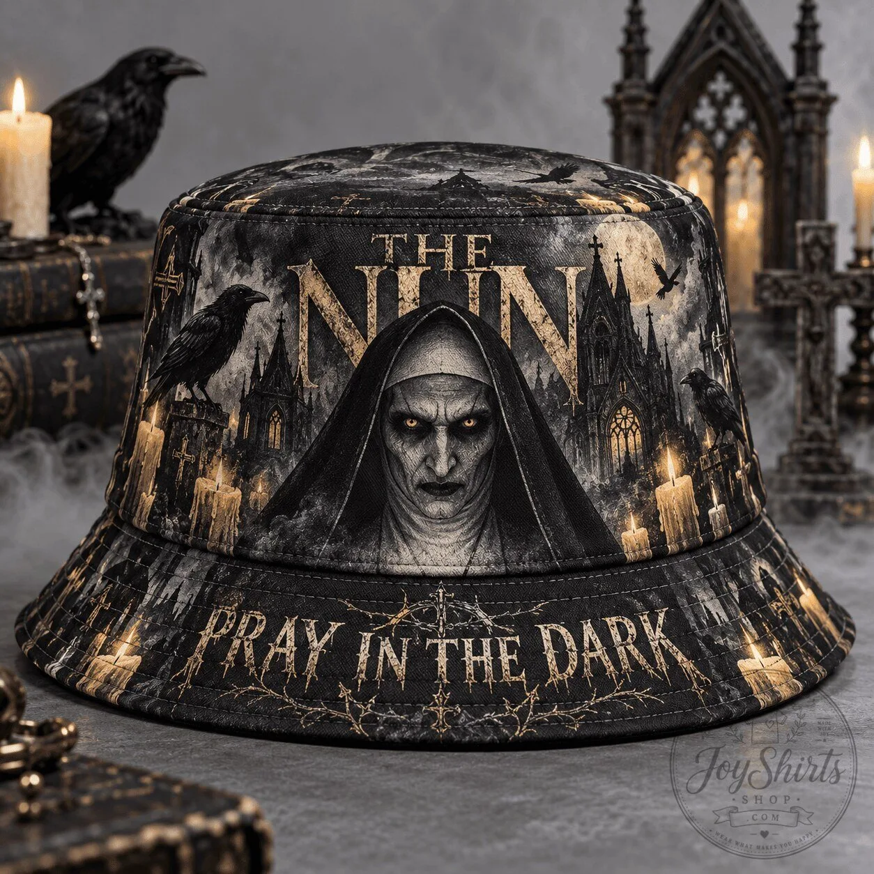 Graphic Bucket Hat Featuring The Nun Pray In The Dark Horror Film Design