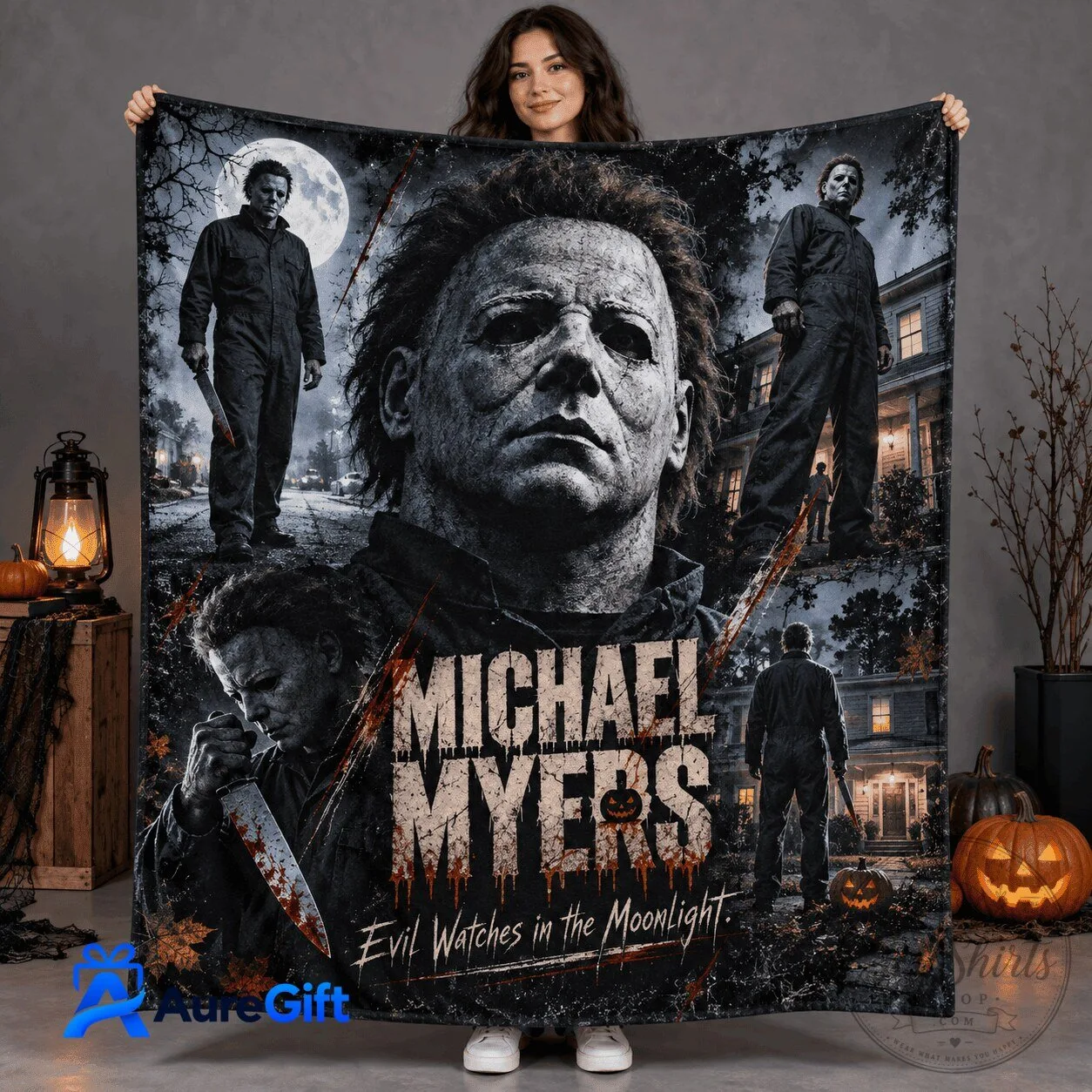 Fleece Blanket Featuring Michael Myers from the Horror Movie Watching Evil in the Moonlight