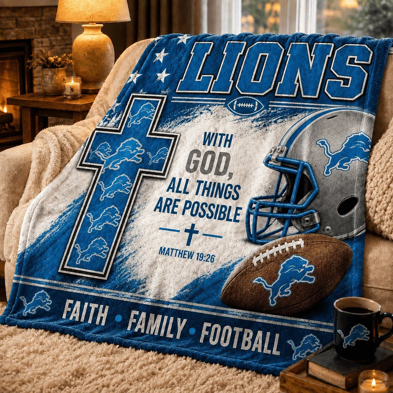 Christian Blanket Featuring Detroit Lions: "With God All Things Are Possible" Design